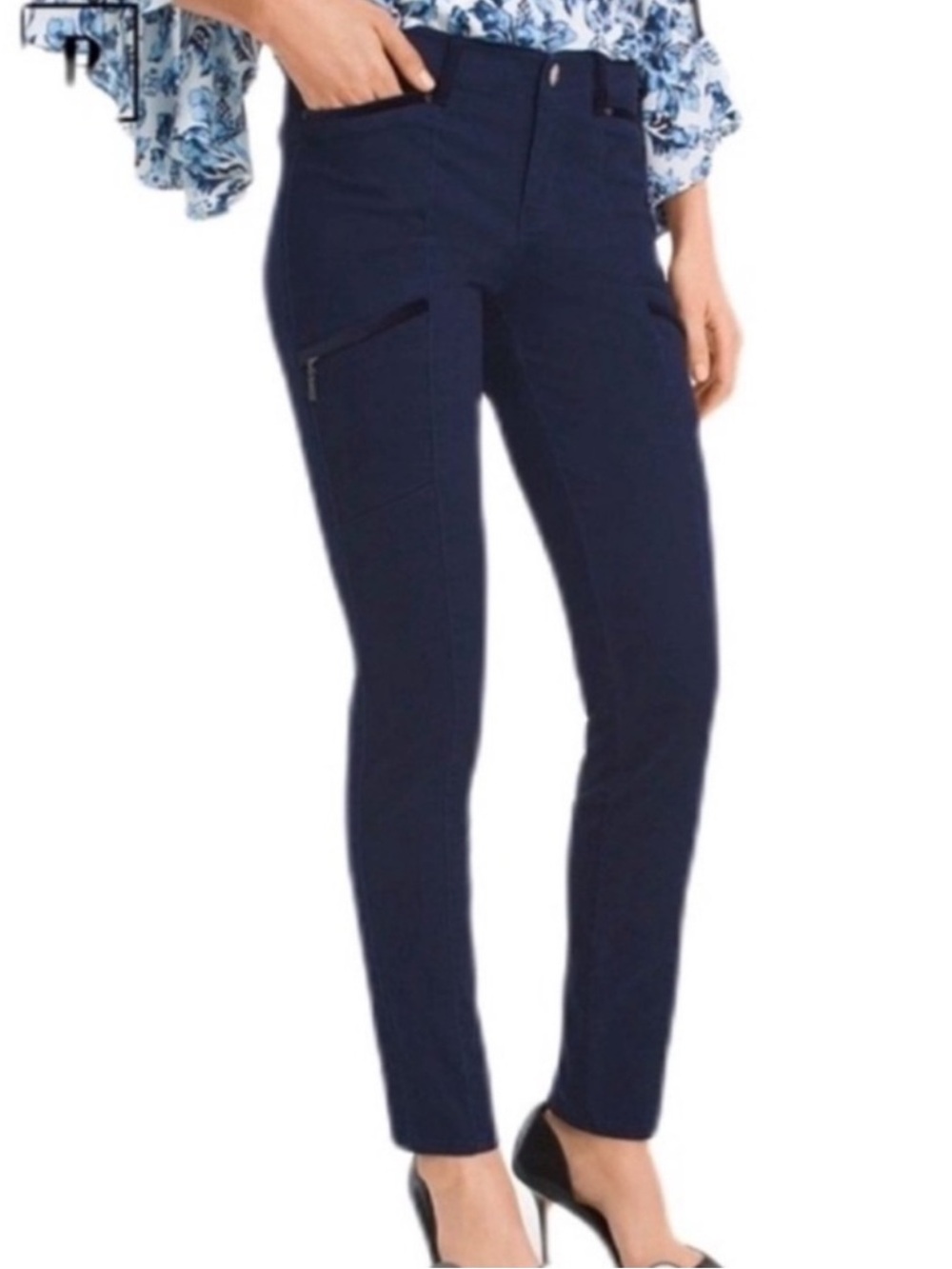 WHBM Skinny Ankle Utility Pants Velvet Trim Cargo Pockets Officer Blue Size 6